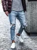 Men jeans streetwear knie gescheurde magere hiphop mode estroyed gat broek vaste kleur mannelijke stretch casual denim grote broek