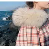 Women's Trench Coats JuneLove Women Parkas Winter Warm Cotton-padded Vintage Lady Fur Collar Plaid Down Coat Female Pocket Pink Casual Thick