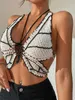 Women's Tanks Cami Bikini Tops Contrast Color Sleeveless Bandage Backless Knit Crochet Butterfly Swimsuits Beachwear 230520