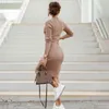 Sıradan elbiseler kadınlar seksi bodycon örgü düz renk yan bölünmüş Ofis Partisi için Sonbahar Yuvarlak Boyun Düğmeleri Jurken Vestidos
