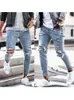 Men jeans streetwear knie gescheurde magere hiphop mode estroyed gat broek vaste kleur mannelijke stretch casual denim grote broek