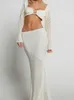 Two Piece Dres Solid Long Sleeve Knit Skirt 2 Pieces Set Knitted Crop Top High Waist Skirts Suit 2023 Summer Female Beach Vocation Outfit 230520