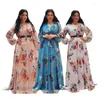 Lässige Kleider Tsxt 2023 Afrikanischer Stil Frauen V-Ausschnitt Slim-Fit Langarm Mop Kleid Lady Print 3-Farben Hohe Taille Große Swing Maxi