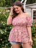女性用プラスサイズTシャツ4xlペプラムチュニックブラウストップオフショルダーピンクピンクの花柄のTシャツカジュアル夏2023年カービー服230520