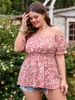 Maglietta taglie forti da donna 4XL Camicetta a tunica peplo Top per donna Spalle scoperte Magliette con stampa floreale rosa Casual Estate 2023 Abbigliamento curvy 230520