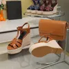 Lederen mode dames hoge hak sandalen zomer ontwerper waterdichte tafel dunne riem combinatie banket schoenen hoogwaardige landingsbaan hielhoogte 14 cm met doos