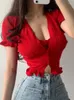 Blusas de mujer Camisa de manga corta de punto de Corea europea Moda femenina Top de encaje hueco Chica francesa Sexy Pecho bajo Blusa con cuello en V M289