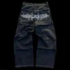 Jeans masculinos Jeans Y2K Harajuku Retro Skull Graphic Baggy Jeans Black Pants Black