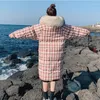 Women's Trench Coats JuneLove Women Parkas Winter Warm Cotton-padded Vintage Lady Fur Collar Plaid Down Coat Female Pocket Pink Casual Thick