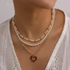 Choker Vinatge Perlenkette für Frauen, Herz-Anhänger, Statement-Halsketten, mehrschichtige Perlen, Schmuckzubehör