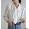 Kvinnors blusar Bow Tie Topps Women Korean Style Design Clothes Blare Sleeve Elegant Office Lady Sweet Ribbon Sweet Basic White Shirts