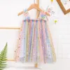 Flickor klänningar sommarflickor klänning märke ankomst barn pastell regnbågs paljetter ankel längd prinsessa för casual kläder 230520