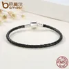 Bangle BAMOER Popular 925 Sterling Silver Genuíno Pulseiras de Couro com Corrente de Cobra Unisex DIY Pulseira Fine Jewelry PAS911