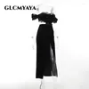 Party Dresses Glcmyaya Women Off Shoulder Lace Patchwork Velvet Maxi Long High Siit BodyCon Midi Dress 2023 Club Even Vestidos