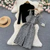 Robes décontractées Chic doux femmes mode demi col haut bureau dame Plaid tricot fille élégante une ligne fête femme Vestido robe