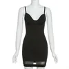 기본 캐주얼 드레스 Anjamanor Mesh Patchwork Black Bodycon 드레스 섹시한 생일 의상 여성 파티 클럽 등이없는 V 목 캐미 미니 드레스 D96BF17 230520