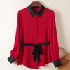 Kvinnors blusar Elegant Fashion Women's Red Shirt Turn-Down Collar Långärmad kvinna Skjortor Real Silk Office Lady Blus Loose Tops