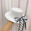 Skąpy brzegowe czapki 202309-DUDU Autumn Winter Wool Blended Pearl Dot Bowknot Lady Fedoras Cap Women Leisure Panama Jazz Hat