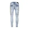 Distressed Ripped Skinny Jeans für Herren, modisch, für Herren, Motorrad, Moto, lang, aus Baumwolle, schmale Füße, High-Street-Denim, hellblau, Stoffpaste, Lochgröße 30–40, Hosen, Hip-Hop-Männer