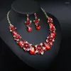 Necklace Earrings Set Dubai Wedding Rhinestone Crystal Statement Bridal Sets Fashion Women Red Gem Stone Choker Bibs