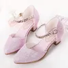 2023 summer designer Excellent Princess Girls Sandals Kids Shoes for Dress Little High Heel Fashion Glitter Party Blue White Dance Wedding new Sandal