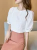 Women's o-neck white color puff short sleeve blouses embroidery flower summer chiffon shirt SMLXLXXL