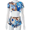 Hot Sell Women's Two Piece Dress 2023 Summer Print Crop Short Sleeve Top Wood Ear Edge Casual Clothing for Female