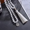 Kettingen 108 Mala Kralen 8mm Witte Jade Geknoopte Ketting Meditatie Yoga Zegen Sieraden Dames Mode Charme Levensboom Kwastje Rozenkrans