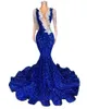 Luksusowy królewski niebieski mermaid sukienki wieczorowe o iluzja szyi cekinowa frędzana frężysta z noszenie celebrytów urodziny