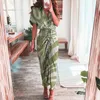 Basic Casual Dresses Summer Bandage Shirt Dres Mode Knop Ruched Taille Tie Up Lange vrouwelijke korte mouw met korte mouwen Printed Robe 230522