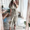 Basic Casual Dresses Summer Bandage Shirt Dres Fashion Button Ruched Waist Tie up Long Female Short Sleeve Printed Robe 230522