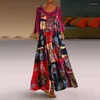 Casual Dresses Women Two-piece Cotton Linen Dress Retro Floral BOHO Maxi Strappy Sundress Plus Size M-5XL U4LF