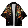 Ethnic Clothing Man Japanese Kimono Black Butterfly Print Cardigan Jacket Harajuku Samurai Clothes Yukata Haori Obi Streetwear