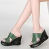 Goth Genuine Sandals Punk Leather Women's Platform Wedge High Heels Slippers Open Toe Slide On Party Pumps 34 35 36 37 38 39 40 332 190 50005 94672