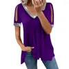 Women's Blouses Women Blouse V Neck Off Shoulder Glitter Short Sleeve Pullover Decorate Solid Color Loose Casual Basic Top Ladies Clothing