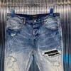 Tasarımcı Giyim Amires kot kot pantolon amies yıkanmış hasarlı gümüş kaplama ile fırçalanmış siyah kombinasyon deri mavi kot ince fit sıkıntılı yırtık sıska
