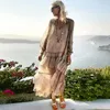 Casual Kleider Frauen Bohemian Maxi Kleid Mode V-ausschnitt Durchsichtige Rüschen Party 2023 Sommer Frühling Lange Ärmel Solide Chiffon