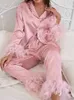 Dames slaapkleding Rest veren pyjama's tweedelige set met lange mouwen Polo Top Satin Casual Dameset met broek Fall 230520