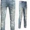 Designer Clothing Amires Jeans Denim Pants Amies 6530 Fashion Brand Knife Cuts Holes Destroys Small Feet Splash Ink Paint Wash Blue Distressed Mens Jeans Distressed