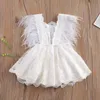 Rompers Princess Infant Baby Girls Lace Embroidery Romper Dress Sweet Baby Feathers Fly Sleeve Backless White Jumpsuit Summer Romper 230522