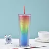 25 Unzen kreative Durian -Tasse mit blinkenden leichten Kaffeetassen Doppelschicht Plastik -Trinksaftbecher mit Stroh mit großer Kapazität Leuchtfarbe Regenbogen -Abgeordneter