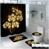 Shower Curtains Shiny Blue Golden Rose Waterproof Curtain Set Toilet Er Mat Nonslip Bath Rugs Bathroom Valentines Day Christmas Deco Dhgem