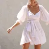 Vestidos casuais boho inspirado estilo francês estilo ladras elegante vestido de algodão branco arco amarrado com decote em v minguido de manga mina sexy feminina festa