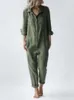 Combinaisons pour femmes Barboteuses Manteau en coton rétro imprimé boutons à manches longues pour femmes une pièce vêtements couleur unique combinaison verte surdimensionnée P230522