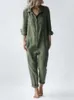 Kvinnors jumpsuits Rompers Retro Cotton Coat Printed Women's Spring Long Sleeved Buttons One Piece Clothing Unique Color Tone Overdized Green Jumpsuit P230522