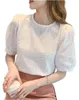 Women's o-neck white color puff short sleeve blouses embroidery flower summer chiffon shirt SMLXLXXL