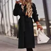 Dameswol Winter Warm Fashion Lange lagen Cardigan Women Casual Elegnat Solid Turn-Collar Bandage Pocket Overcoats Ladies Vintage Coat