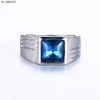 Рандные кольца квадратные кольца Aquamarine Blue Gemstone для мужчин белый золотой серебряный цвет из нержавеющей стали бриллианты Bague Bejoux Jewelry Gift Gorder J230522