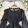 Casual Dresses Vintage Temperament Long-sleeved Crewneck Chiffon Patchwork Receiving Waist To Show Slimming Peplum Gown Dress