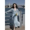 Casual Dresses French Style Women Blue Chiffon Dress Elegant Tie Dye V-Neck Long Sleeve Loose Fit Ankle Length Summer Vestidos Female Robe